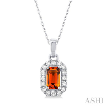 5x3 MM Octagonal Shape Citrine and 1/20 Ctw Single Cut Diamond Halo Semi-Precious Pendant with Chain in 10K White Gold